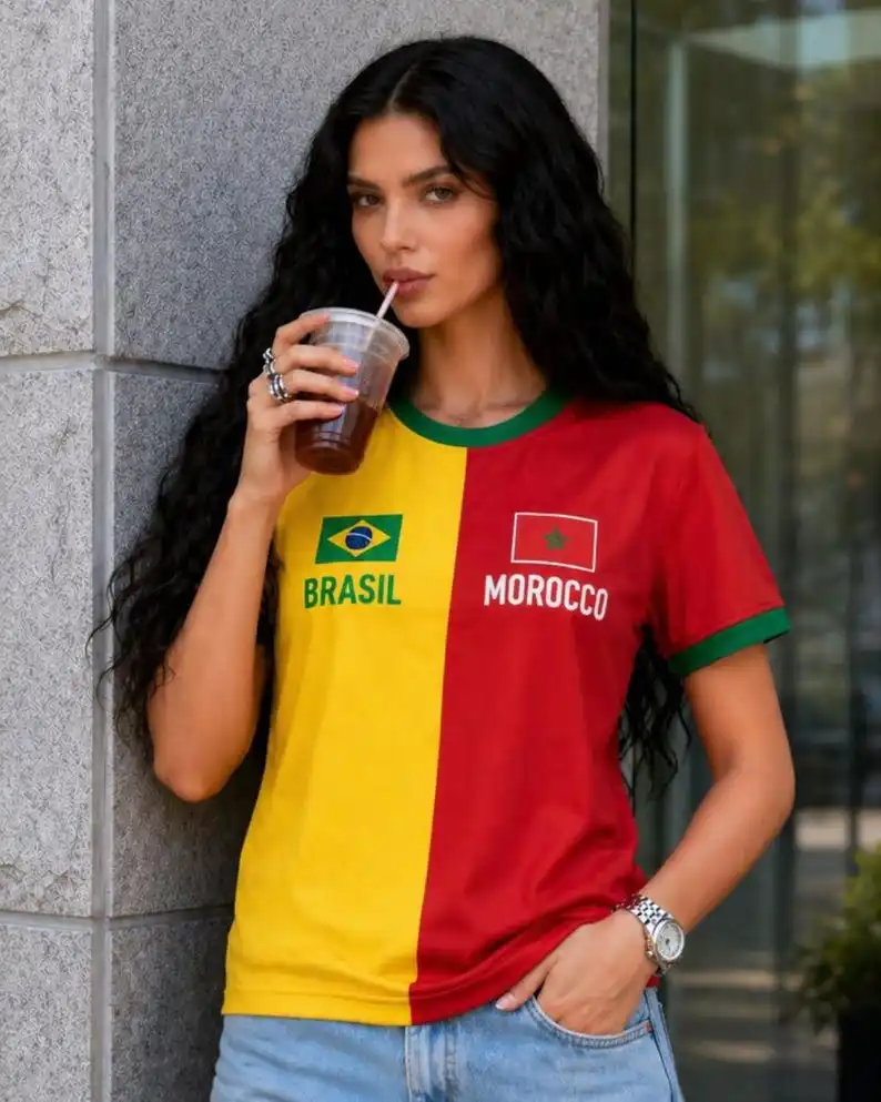 Women Mexico USA Split Flag Soccer Fan T-Shirt Crewneck Short Sleeve Breathable Quick Dry Streetwear Casual Football Shirt
