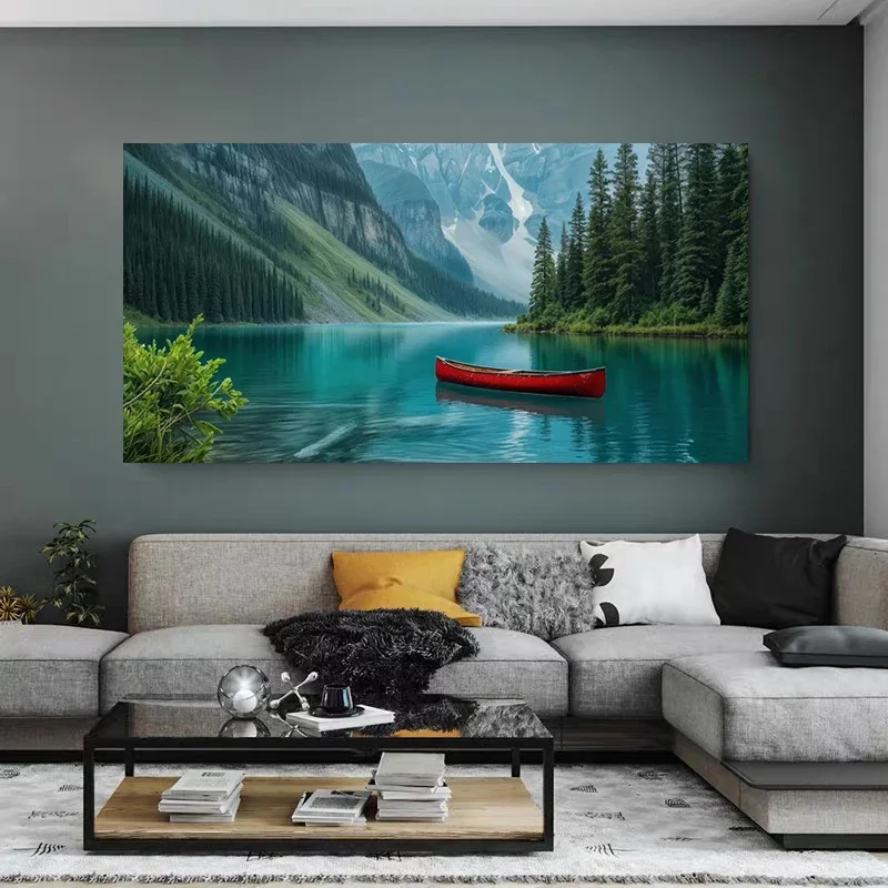 Multiple sizes 1pc frameless  Large size Canvas Painting,Lake Louise National Park Red Canoe Natural Landscape Poster and Prints