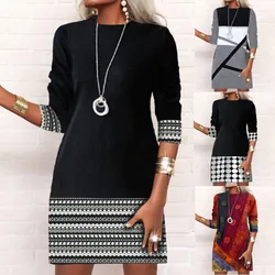 Fashion O-neck Long Sleeve Mini Dress Women 2024 Fall Casual Print Slim Office Ladies Dresses For Women Robe Femme