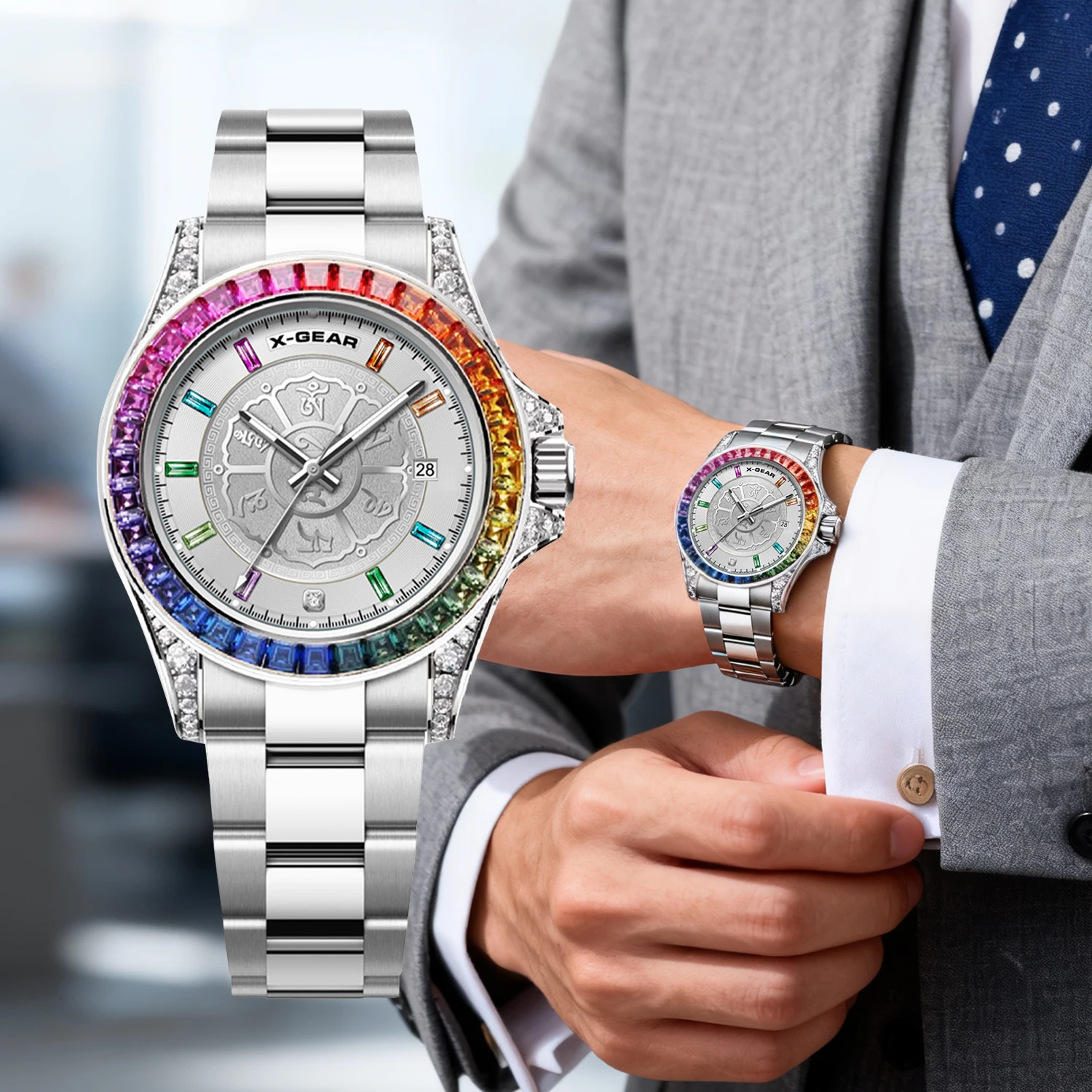 

X-GEAR Men's Quartz Watch Rainbow Bezel Fashion Colorful Diamond Stainless Steel Waterproof Wristwatch