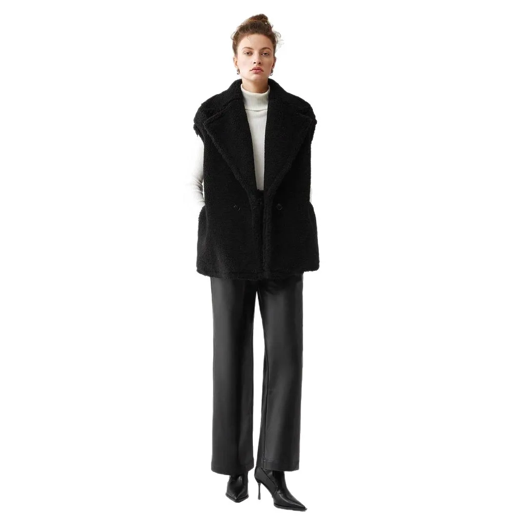 Rompi Bulu Domba Imitasi Wanita Jaket Pendek Tanpa Lengan Kerah Notch Lapel Kancing Tunggal Lurus Tebal Kasual Musim Dingin 2025