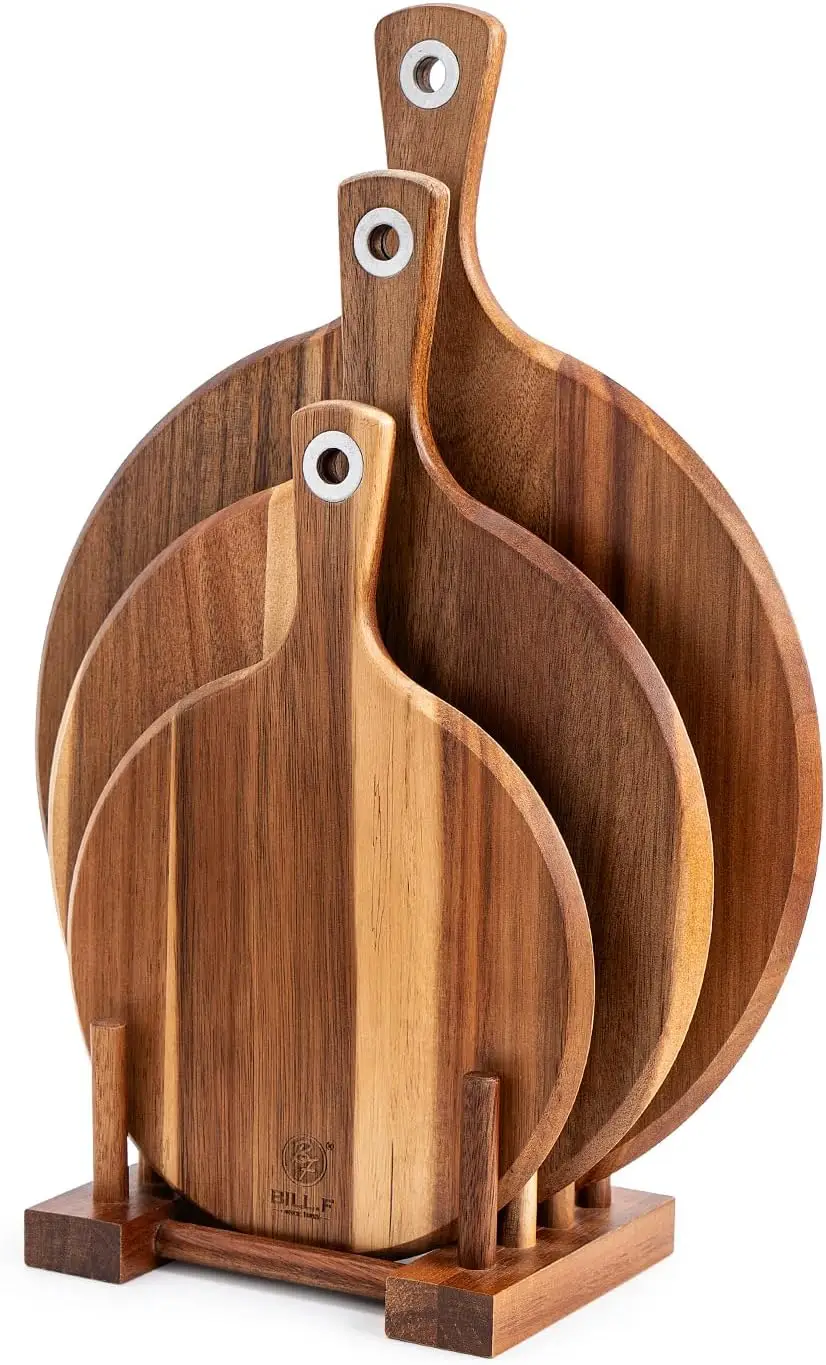 Juego de 3 tablas de cortar de madera de acacia con asas, paleta de queso y organizador para servir y preparar alimentos