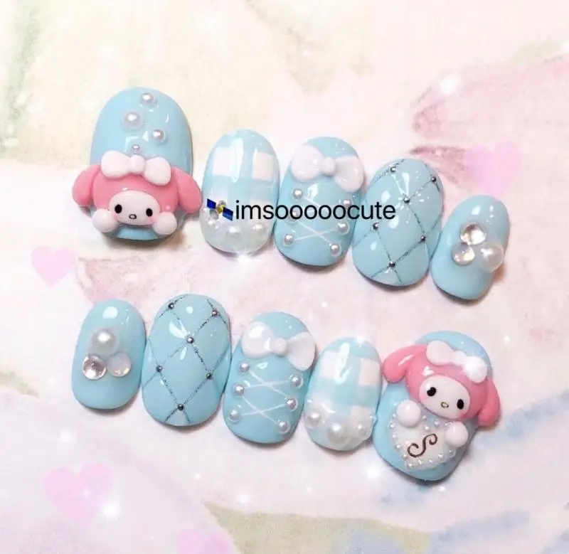 Sanrios Pom Pom Pom Purin Cinnamoroll Pingente de amor minha melodia, Patch de unhas rosa tridimensional, Kawaii original, 9 estilos