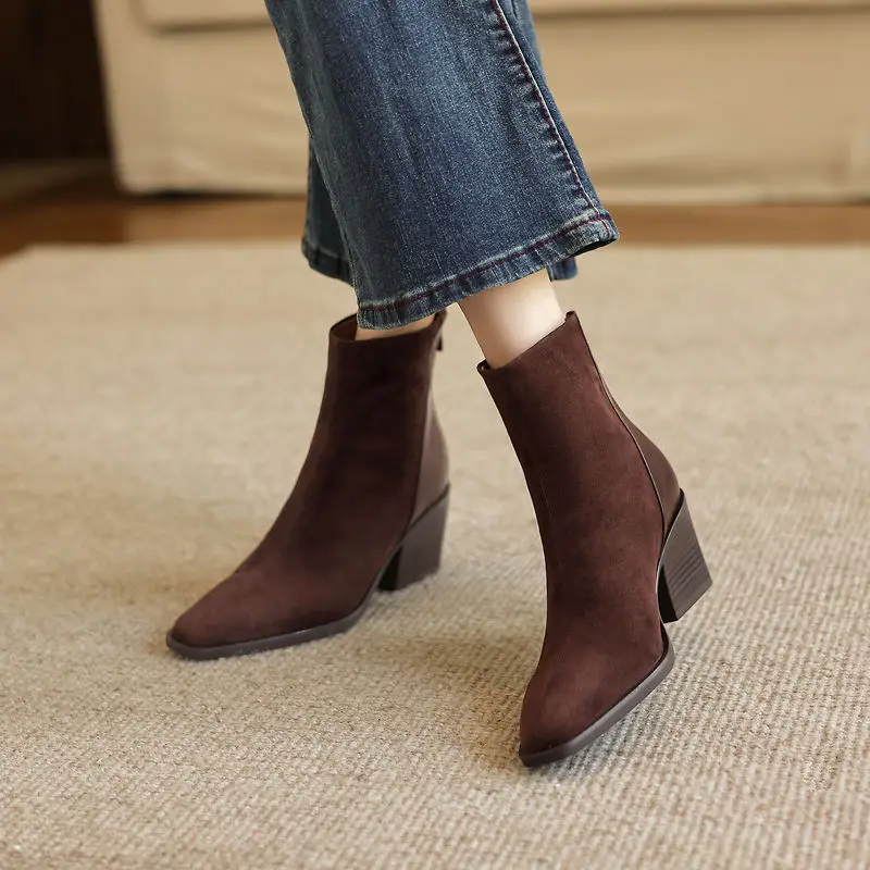 2027 New Brand Genuine Leather Boots Retro High Heels Ankle Boots Women Shoes Back Zipper Sheep Suede Handmade Shoes Boots Women