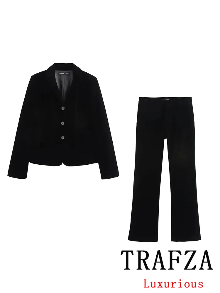 TRAFZA Vintage Büro Dame Schwarz Solide Anzug V-ausschnitt Einreiher Blazer Gerade Lose Hosen Mode 2025, Winter Chic Sets