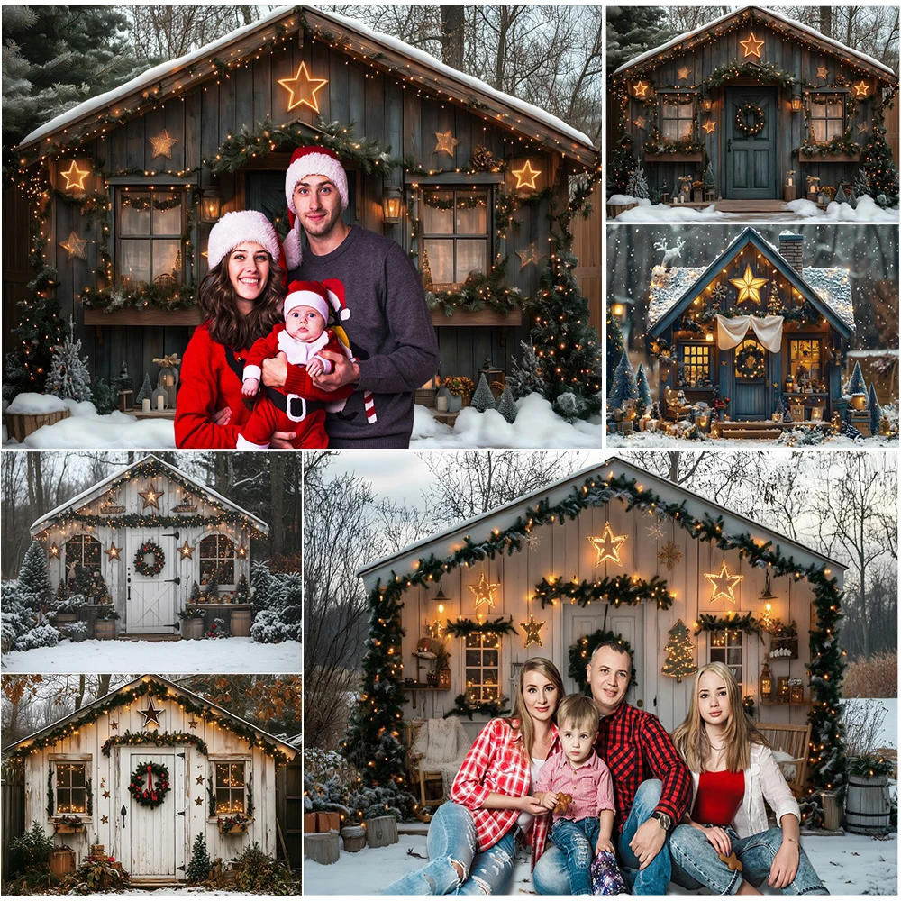 

Christmas Wooden House Photography Backdrop Winter Snow Rural Cottage Christmas Tree Gift Family Portrait Photo Background Decor