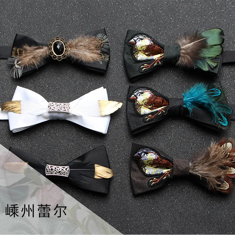 high-quality good business White Men's  Wedding Groom Best Man, Business Black Personalized Diamond Bow Tie Pearl Feather