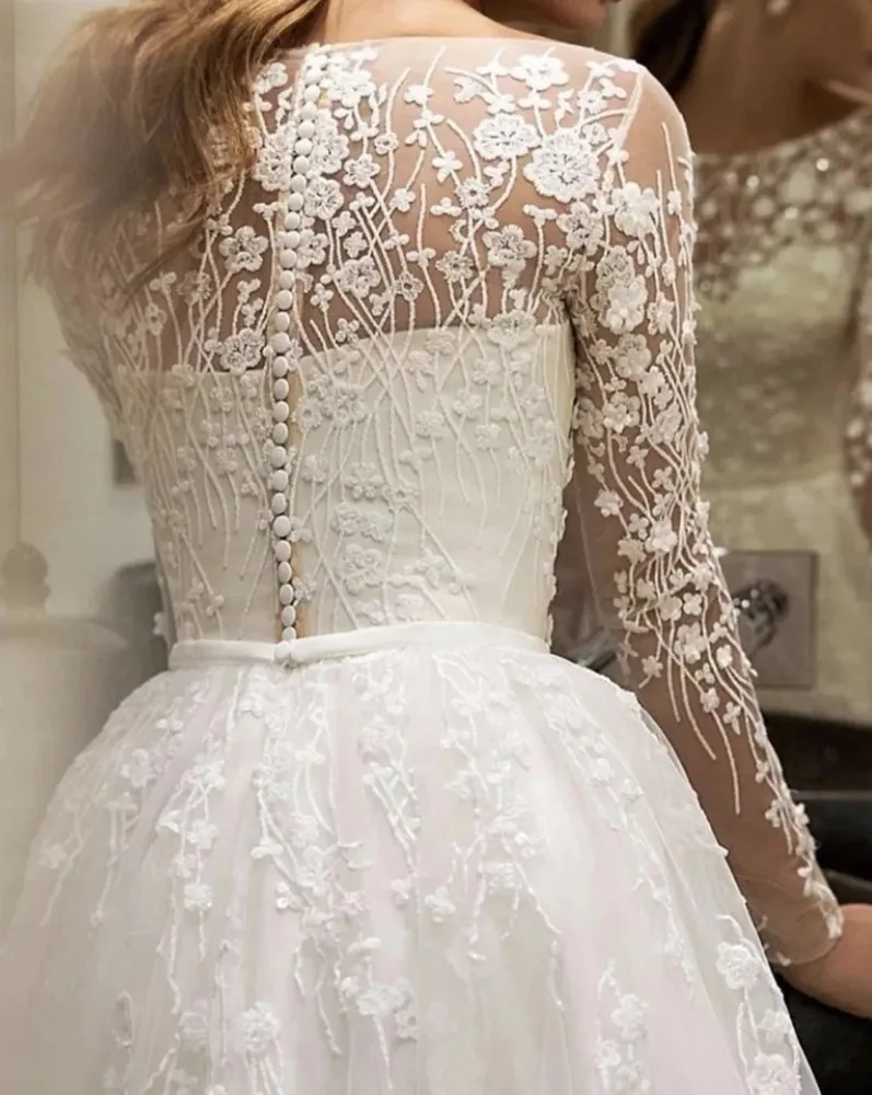 فساتين زفاف SCOOP على شكل حرف a بأكمام طويلة للنساء مثيرة الوهم مطرز بالخرز ثوب زفاف Vestidos De Novia مخصص