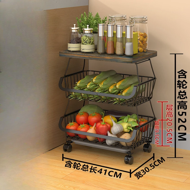 Fruit Basket Kitchen Pantry Organizers Storage Wooden Top Table, Stackable Metal Wire Basket Stand Cart for Fruit Vegetable Jars