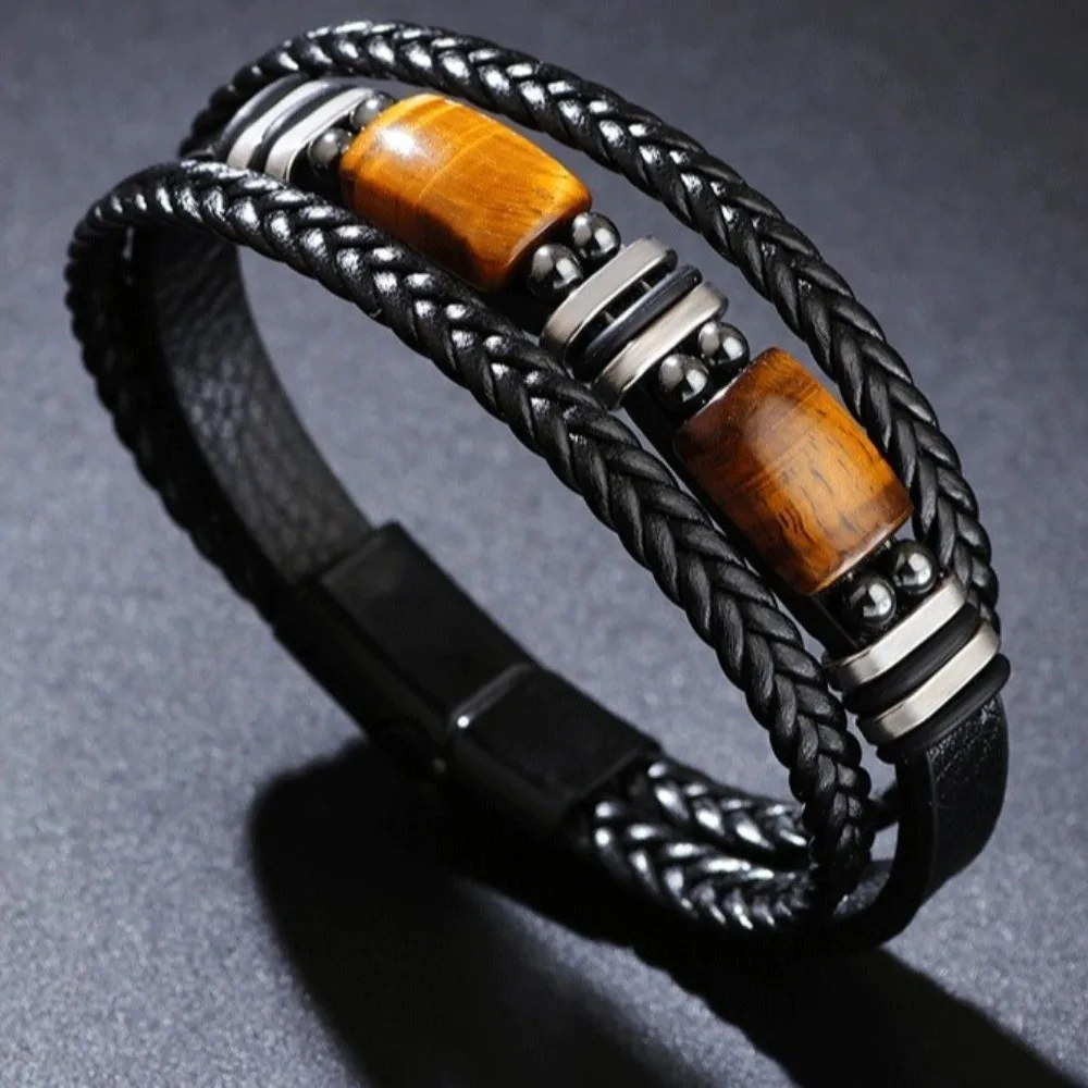 Wristband Bracelet Multi-Layer Tiger Eye Stone Bracelet Adjustabl Braided Leather Bracelet Handmade Retro Beaded Bracelet Unisex