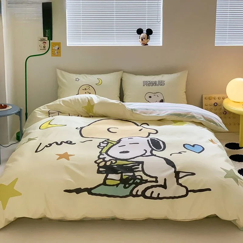 Snoopy student dormitory new cute cartoon digital printing pure cotton antibacterial bed sheet and quilt cover three-piece set