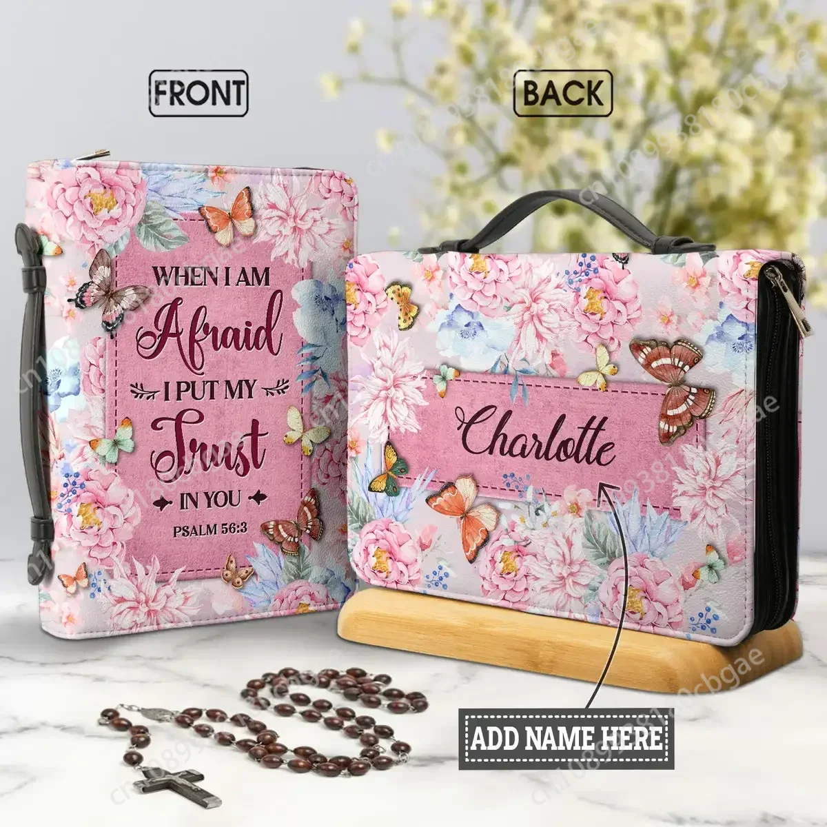 Luxury PU Leather Bible Bag When I Am Afraid I Put My Trust In You Verse Pink Floral Print Customized Bible Cover Case for Women