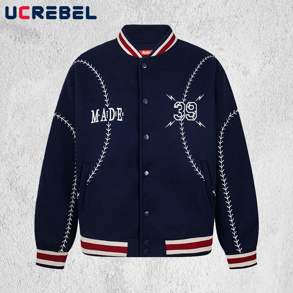 

Contrast Embroidery Baseball Jacket Mens Autumn Winter Thick Retro Streetwear Single Breasted Long Sleeve Varsity Jacket Man