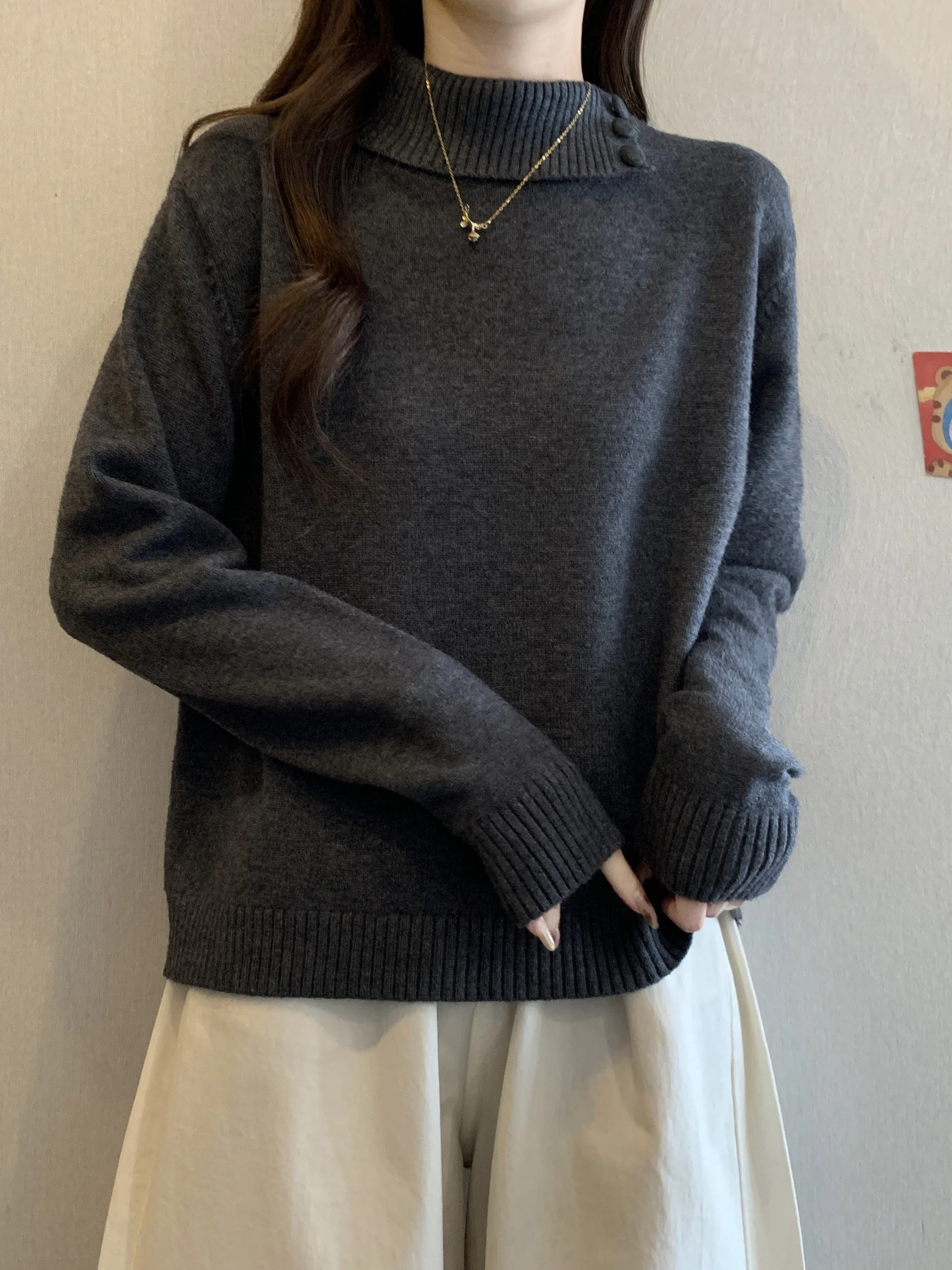 

Женский трикотажный топ больших размеров с асимметричным воротником, корейский стиль, свободный крой, с высокой талией, осень-зима