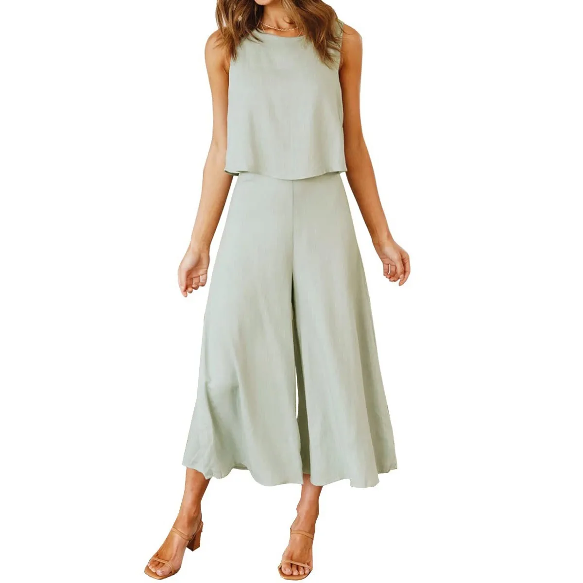 

New European and American women's summer two-piece clothing round neck top solid color wide leg pants set