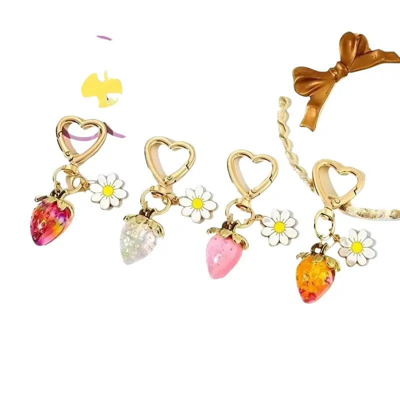 Kawaii Fruit Heart Flower Keychain Cute Resin Bag Pendant Fashion Decor for Women Purse Valentine's Day Gift