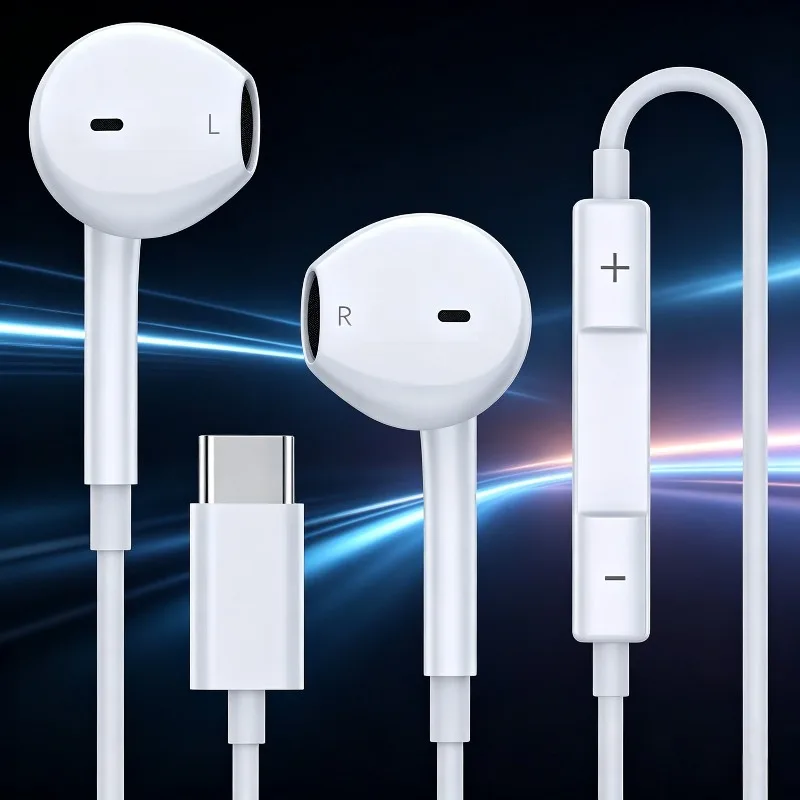 USB-C Kopfhörer für iPhone 17 16 15, Kabelgebundene Typ-C Ohrhörer mit Integriertem Mikrofon & Lautstärkeregelung, HiFi Stereo Sound Earbuds