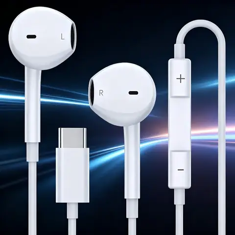 USB C Headphones for iPhone 17 16 15, Wired Type C Earphones Built-in Microphone & Volume Control, HiFi Stereo Sound Earbuds