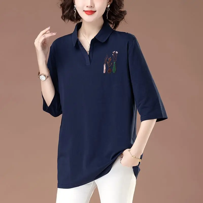 تي شيرت صيفي فضفاض مناسب للأم مقاس كبير مع أكمام ثلاثة أرباع قميص نسائي كاجوال لمنتصف العمر وكبار السن، Turn-d #4