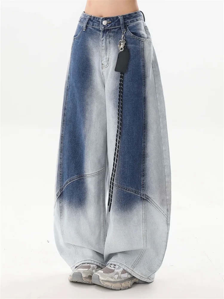 Distressed Ombre Washed Jeans Women Fall American Vintage Deconstructed Wide Leg Trousers Streetwear Loose Fit Denim
