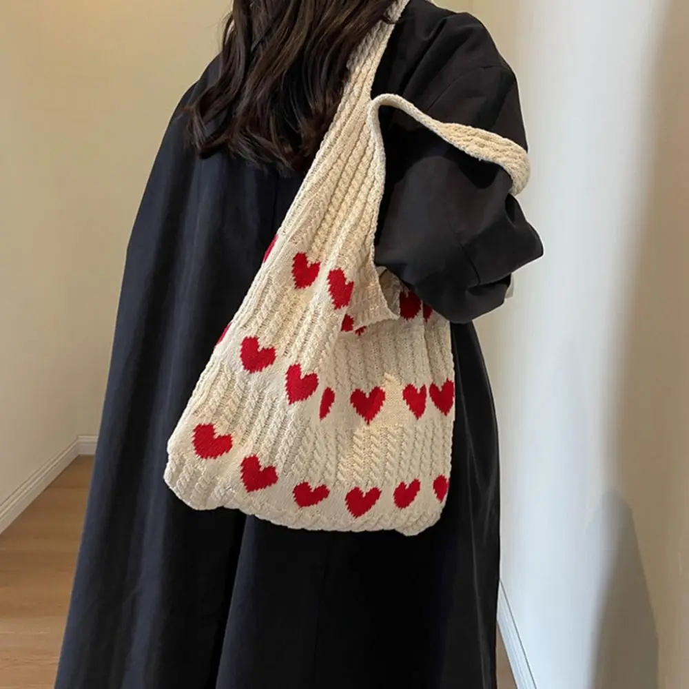 

Trendy Love Hollowed Out Knitted Bag Large Capacity Bohemian Weave Bag Storage Bag Handbag Heart Pattern Shoulder Bag Students