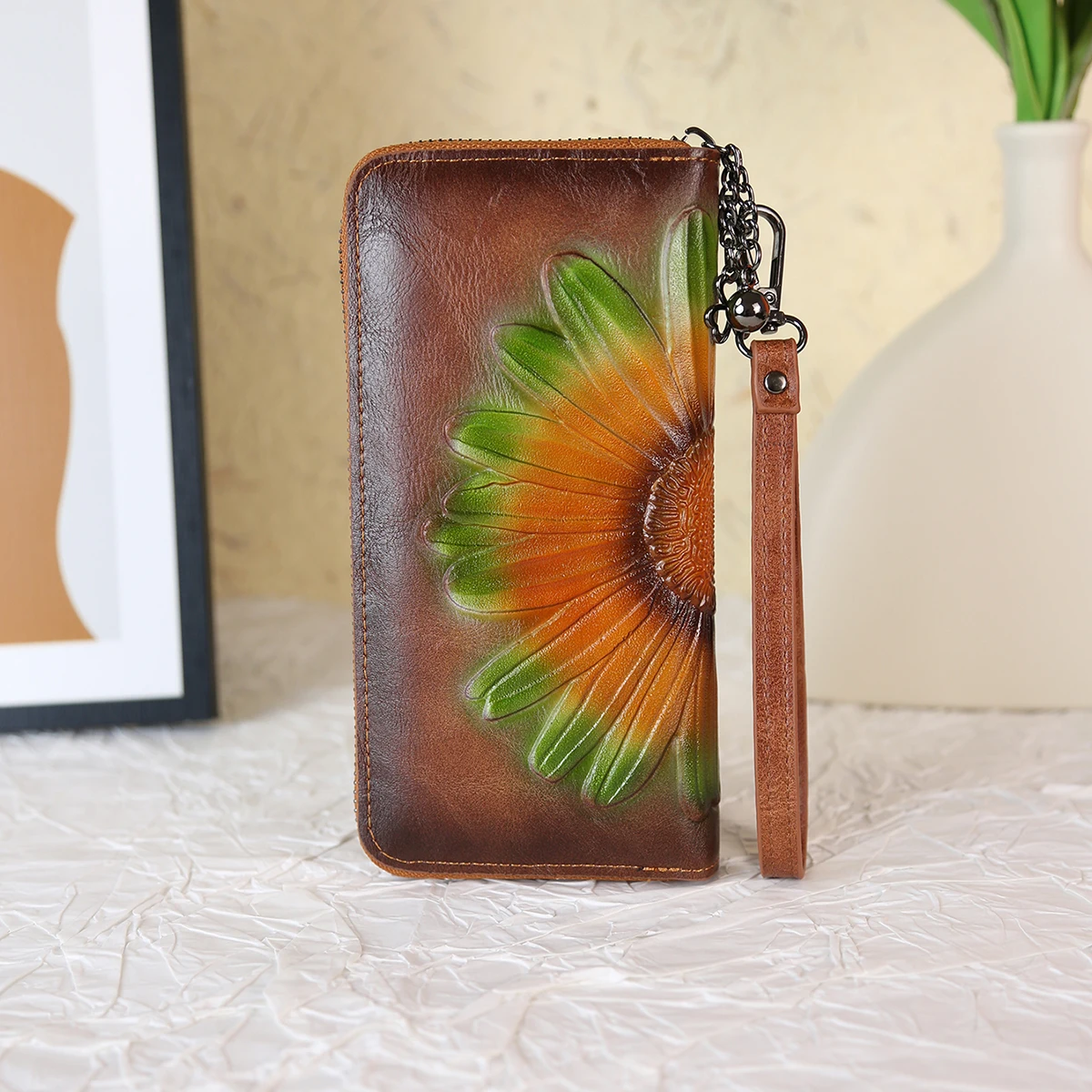 2025 nowa torebka damska zamek długi portfel Retro tłoczony ręcznie malowany natryskowo portfel rzemieślniczy moda damska