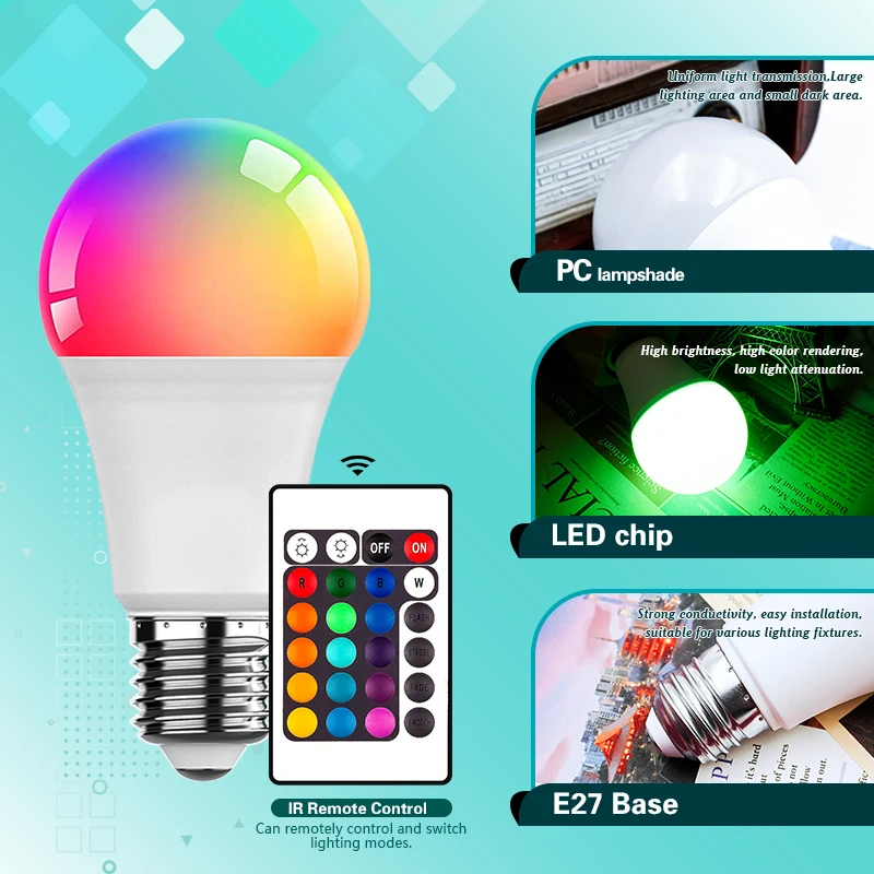 16 Colors RGB Bulb LED Multicolor Bulb E27 Base 220V Household Lighting Dimmable 24 Key Remote Control Atmosphere Neon Light