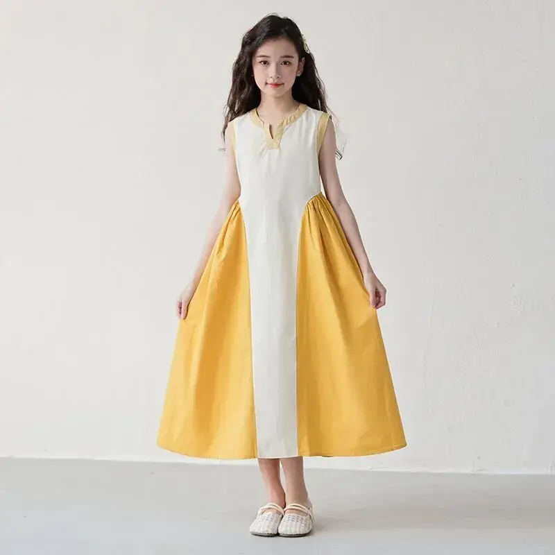 

Летнее платье для девочек без рукавов, милый принцессный стиль, с V-образным вырезом, длинная юбка-клеш, модное детское летнее платье