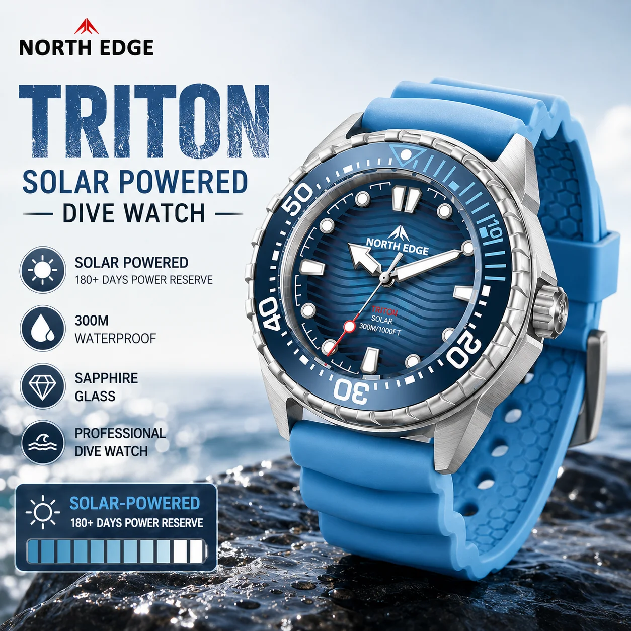 NORTH EDGE 2026 New TRITON Solar Powered Dive Watch Men Luxury Digital Watches For Men 316L Stainless Steel Case Waterproof 300M