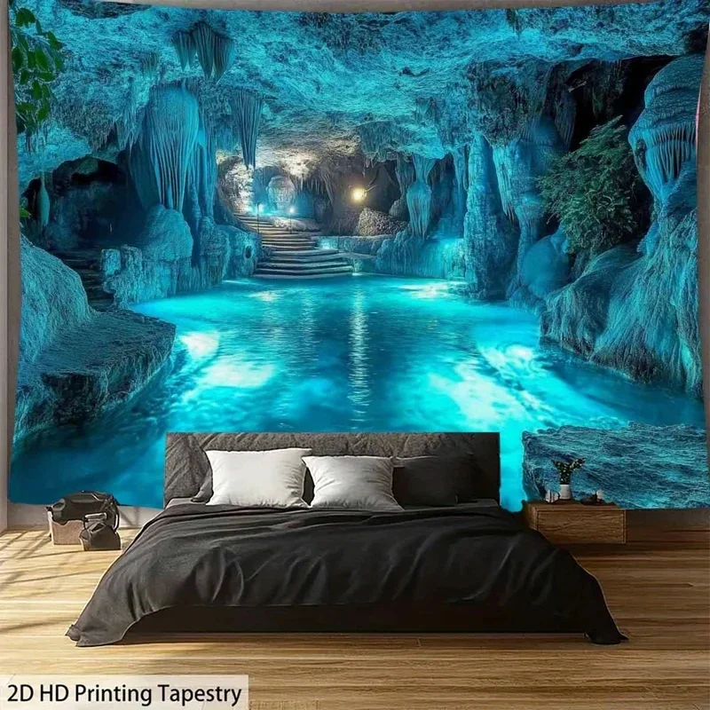 VIKAMA Crystal Cave Tapestry Wall Hanging Blue Underworld Cave Lake Stalactite Mystic Scenery Aesthetic Room Wall Decor