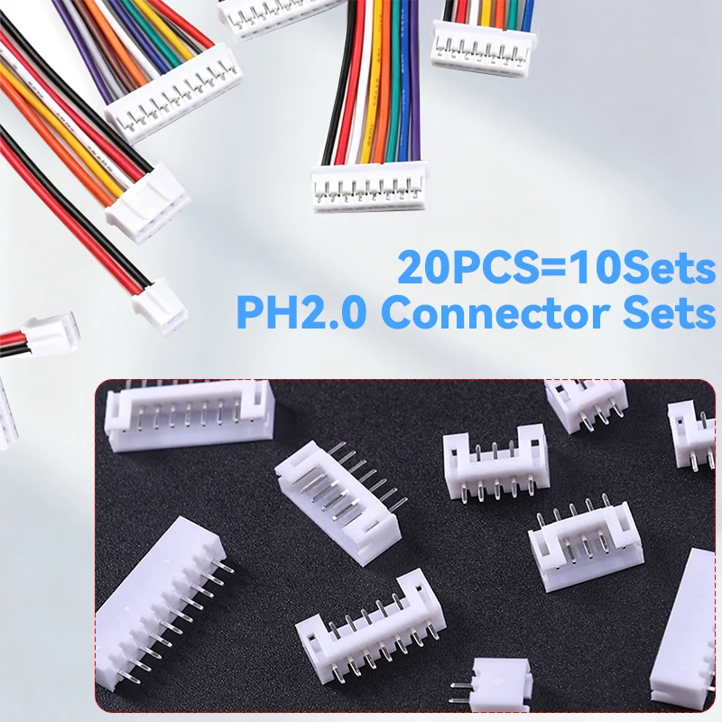 20PCS=10Sets   Male Female with 200mm Wires 26AWG for DIY Electronics Projects PH2.0 Connector Sets 2-10 Pin