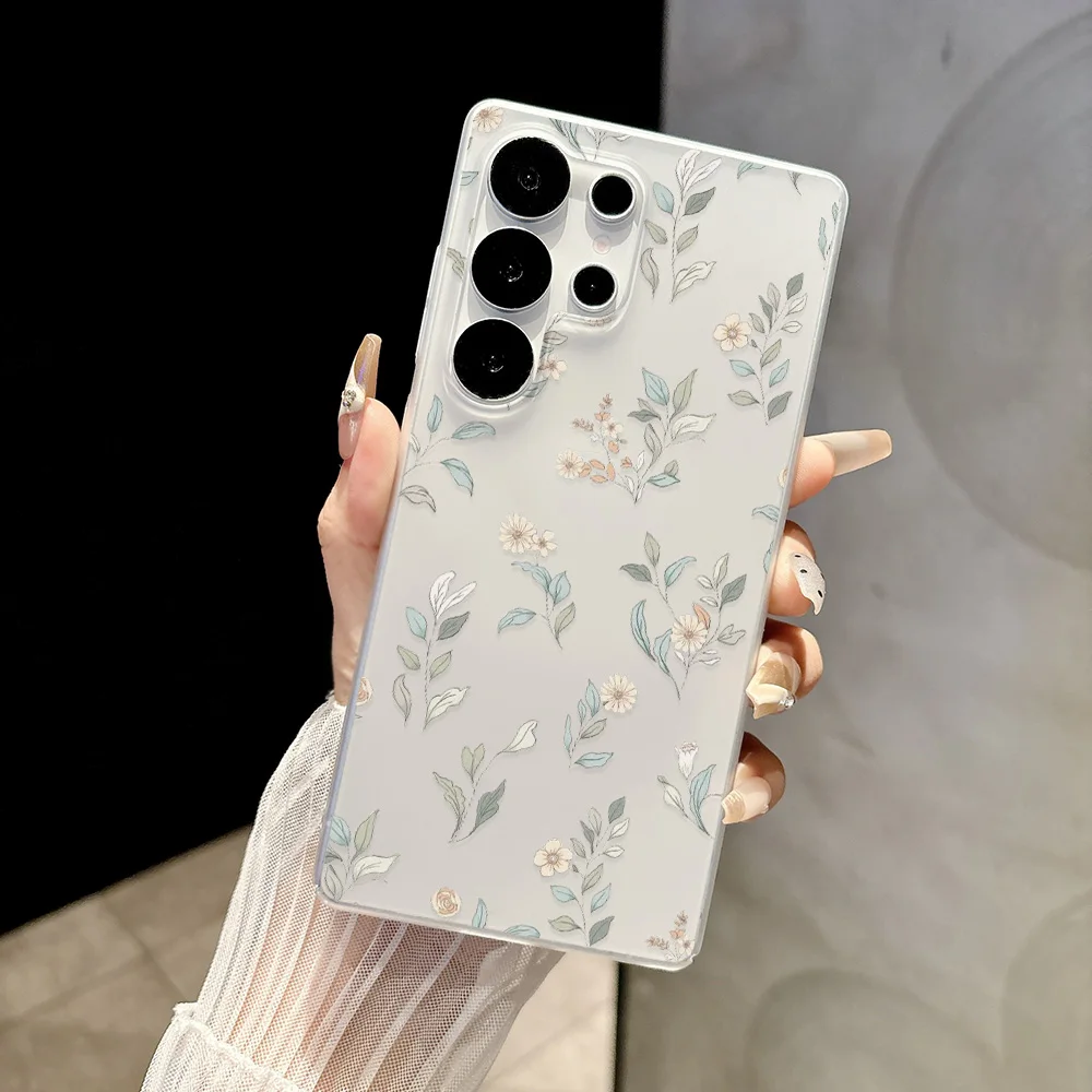 Matte White Clear Phone Case for Samsung Galaxy S26 S25 Ultra S24 FE A57 A56 5G A07 A06 A15 4G Cases Fresh Beige Green Florals