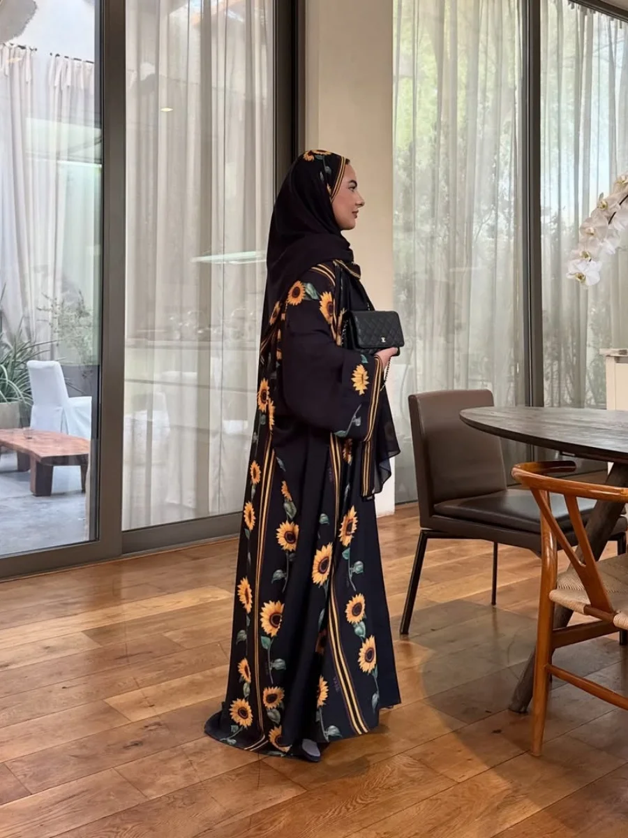 Mulheres muçulmanas dubai abaya girassol impressão quimono cardigan luxo preto vestido longo modesto kaftan robe femme roupas islâmicas