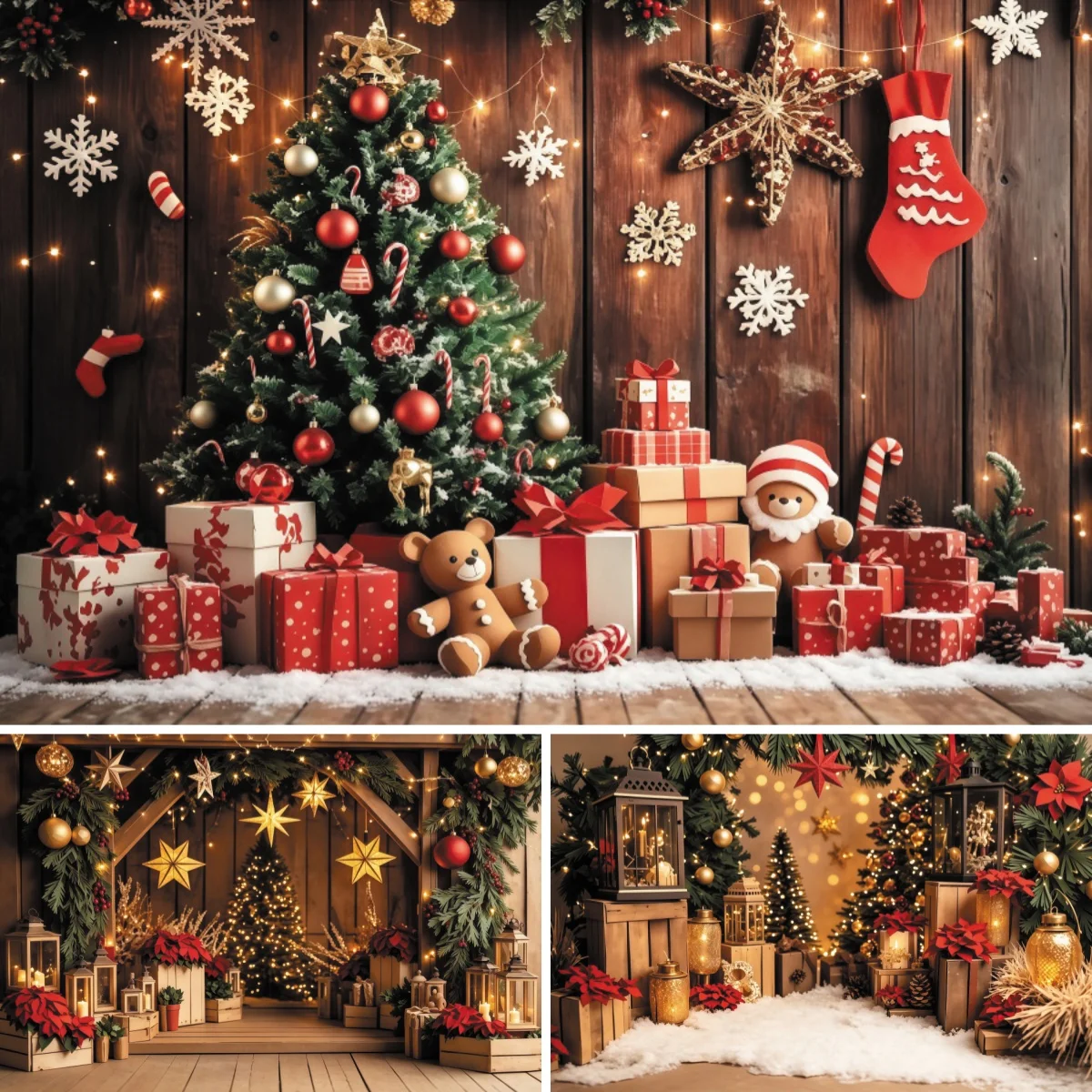 Rustic Christmas Backdrop Xmas Tree Gift Teddy Bear Photography Background Family Portrait Studio Banner Holiday Party Decor
