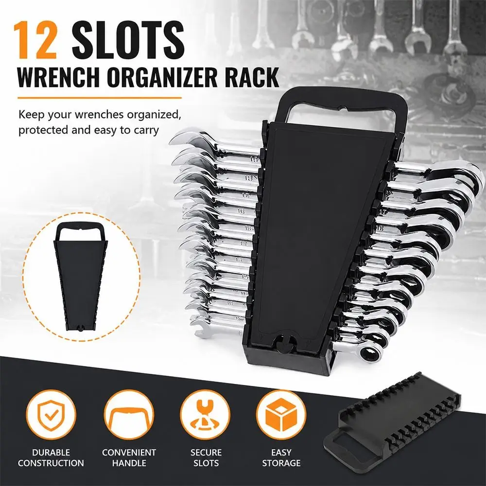 12 Slots Wrench Organizer Rack Individual Wrench Slots with Carry Handle Wrench Storage Holder Secure Clamping Structure