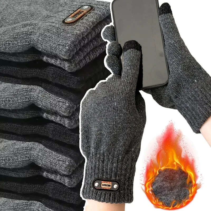 

Men Touchscreen Gloves Winter Warm Knitted Gloves Thermal Lined Double Layer Thickened Cold Weather Windproof Keep Warm Gloves