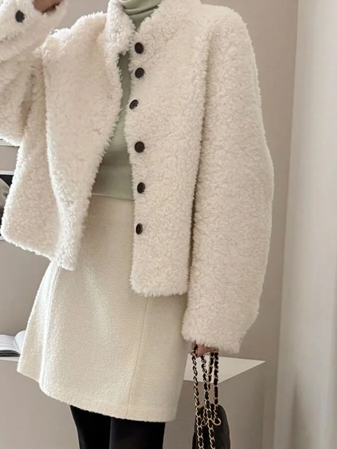 Elegant Lightweight Lamb Fur Jacket Women's Sweet Warm Slimming Coat Trendy Casual Style round Neck Long Sleeve Regular Fit