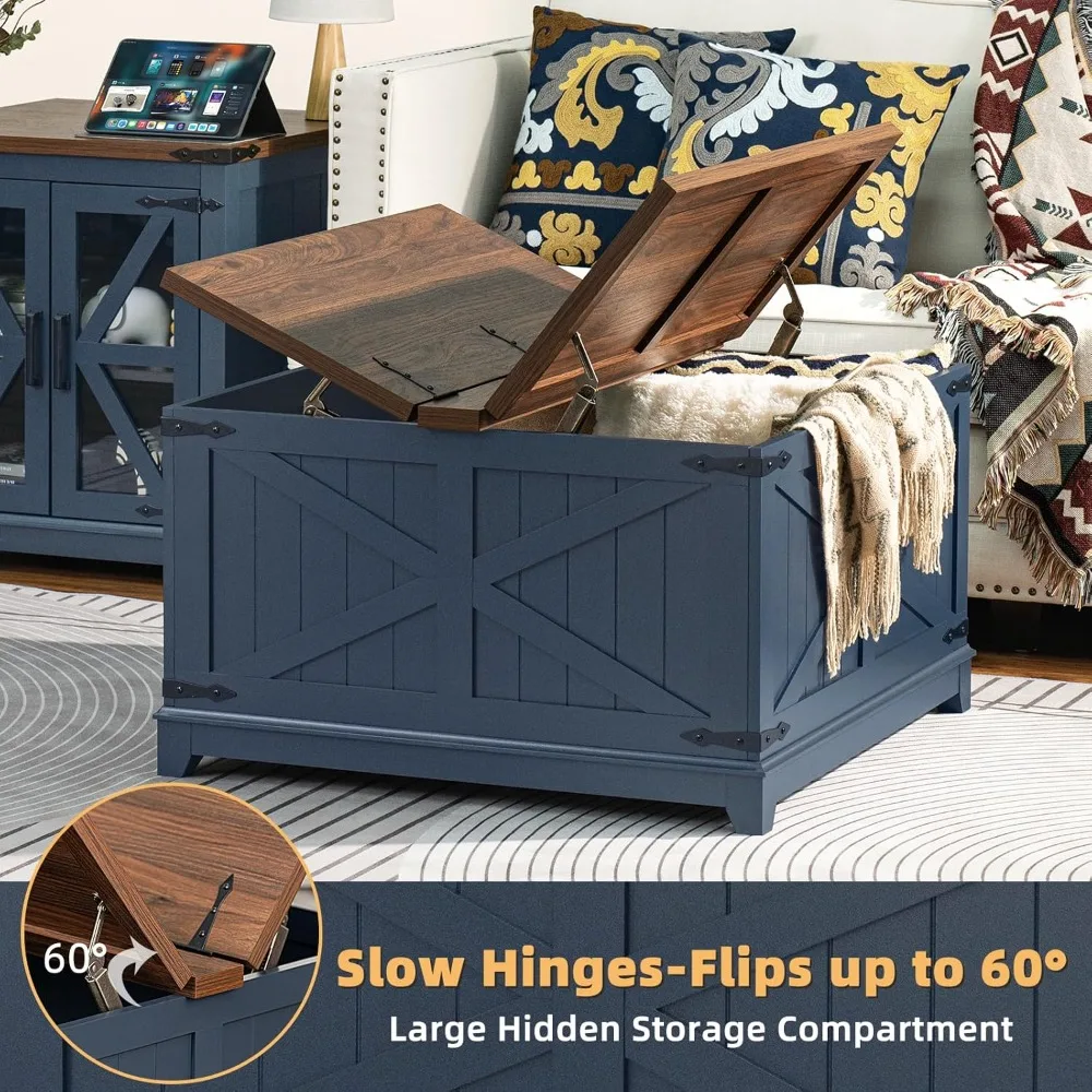 طاولة قهوة المزرعة مع مساحة تخزين مخفية، وطاولة مركزية كبيرة مربعة حديثة، وغرفة معيشة خشبية منخفضة باللون الأزرق الداكن #3