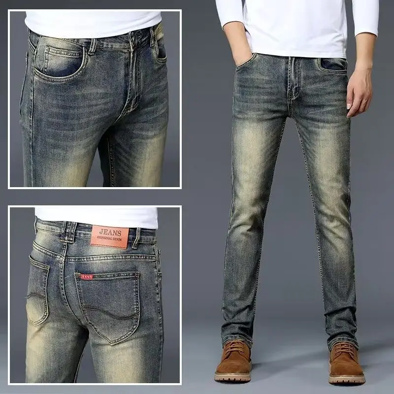 

Мужские джинсы премиум-класса в стиле ретро, эластичные, прямого кроя, из смесового хлопка и полиэстера, на все сезоны, повседневные, модные, классические, длинные брюки