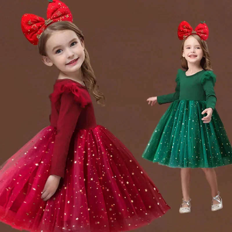 

2024 New Girls Party Dress for Girls Kids Autumn Winter Long Sleeve Sequined Xmas Costume Chlidren New Year Christmas Clothes