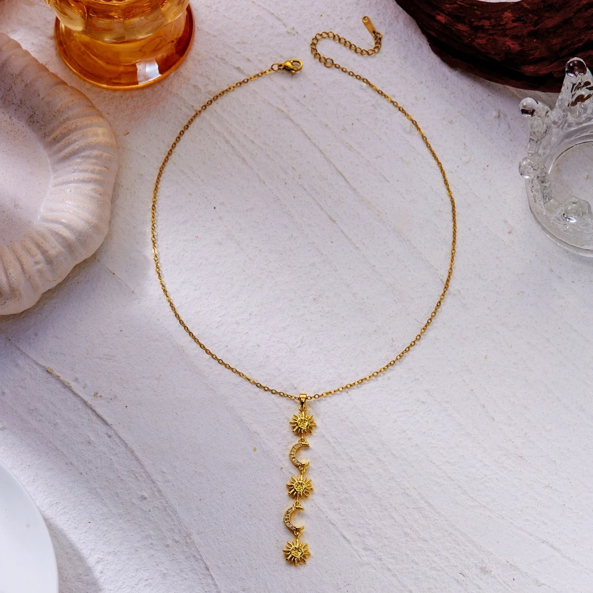 Glänzende Zirkon-Halskette mit geometrischen Verbindungsstücken und Quasten aus Edelstahl für Damen und Herren, Herz, Auge, Wassertropfen, Sonne, Mond, Stern, Choker-Schmuck – Detail 35