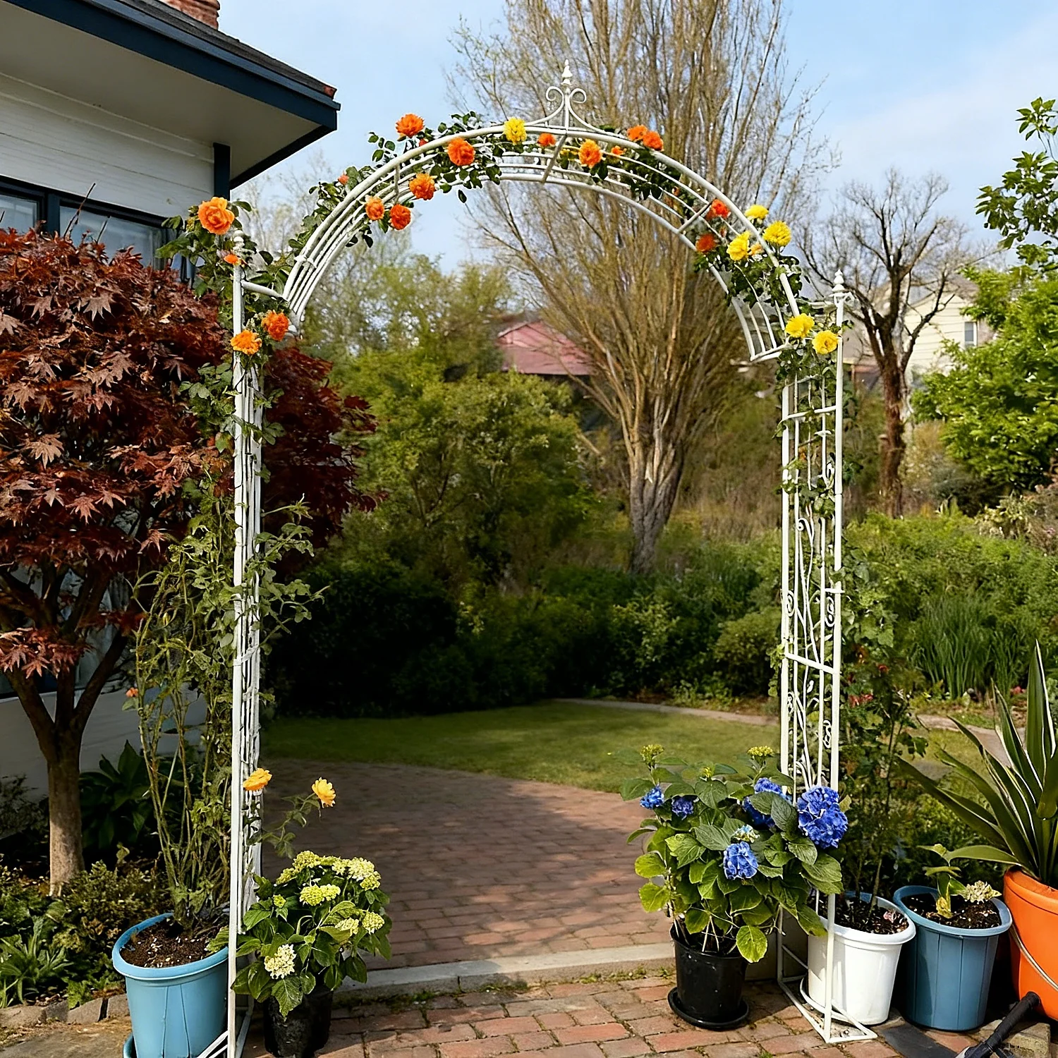 Schmiedeeiserner Blumenbogen, Gewölbtes Rosen-Klettergitter für Garten, Innenhof, Villa mit Tür, Kletterpflanzen-Ständer für Clematis