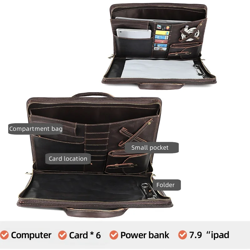 Leather computer bag business 15.6-inch handbag Crazy Horse leather multi-functional high-end briefcase Office and School Suppli