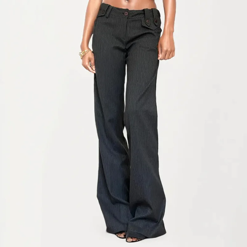 Low Waist Draped Stripe Casual Commute Trousers Vintage Fashion Women's Premium Pants Straight Leg Ultra Thin Wool Blend