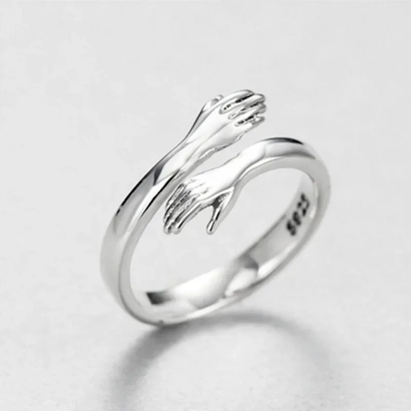 Adjustable Ring Novelty Love Hug Charms Open Band Minimalist for Men Women 925 Sterling Silver Couple Lover Dating Jewelry