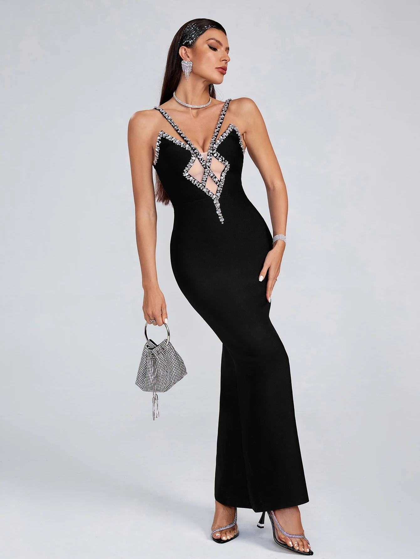 Vestido de vendaje negro elegante para mujer, gasa Sexy, empalme, cuello en V profundo, vestido de diamantes sin espalda, Vestidos de celebridades, ropa de fiesta de noche