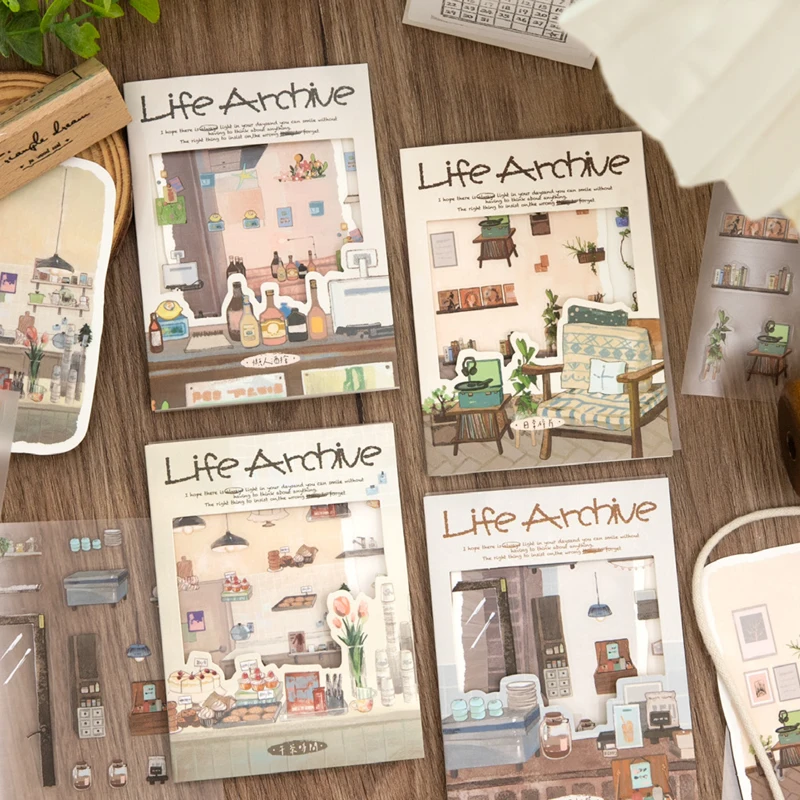 Mr.Paper 4er-Pack Life Archive Serie Szenen-Aufkleber Gemütliches Zuhause & Café Design DIY Journal Scrapbook Tagebuch Karten Handyhülle Deko