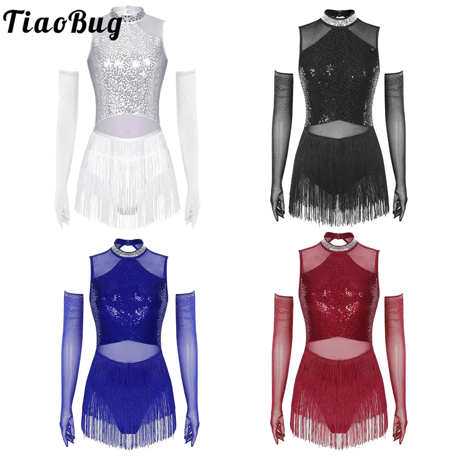 

Женский костюм для латинских танцев ча-ча, сетчатое лоскутное платье с бахромой и перчатки с блестками для танго, румбы, самбы, костюм для выступлений