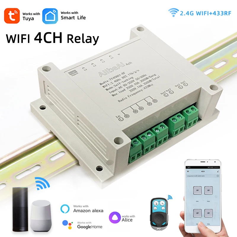 Interruptor de luz inteligente Tuya de 4 canales y 220V, interruptor Wifi con riel Din, relé de 4 canales, mando a distancia inalámbrico RF433, voz