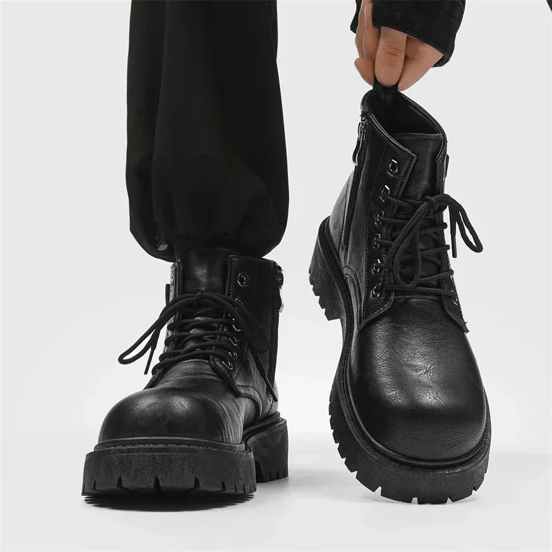 

Men's Round Toe Biker Shoes Casual Leather Tooling Shoe for Men Low Tops Fashion Non-slip Trendy All-match Popular Men's Boots